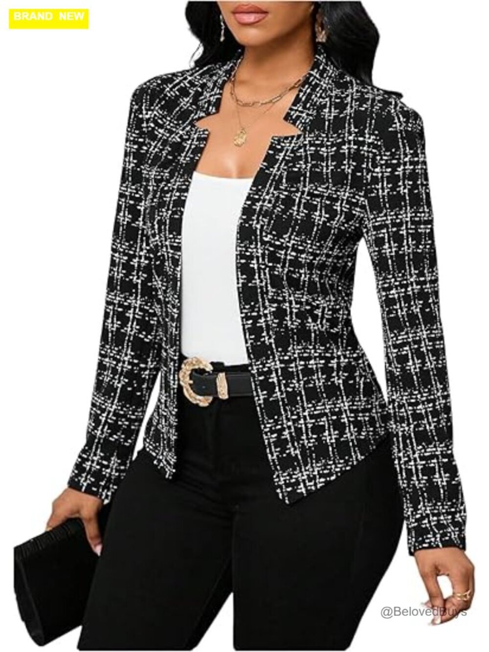 Plaid Tweed Open Front Blazer Long Sleeve Business Work Jacket